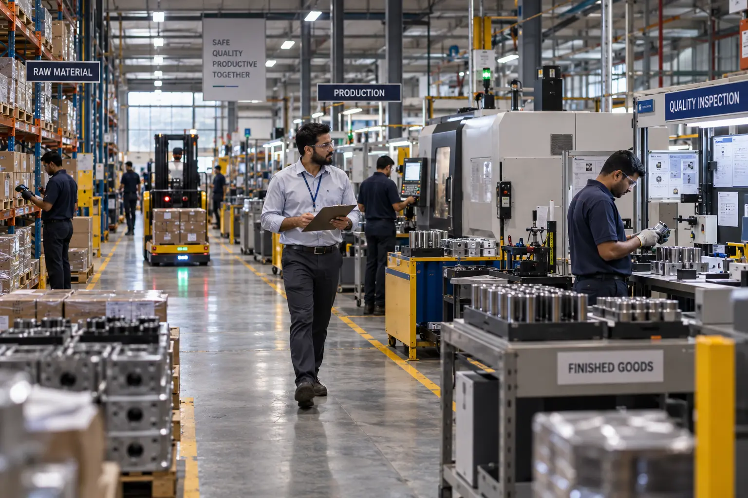 modern manufacturing facility and ERP control room showing connected production operations