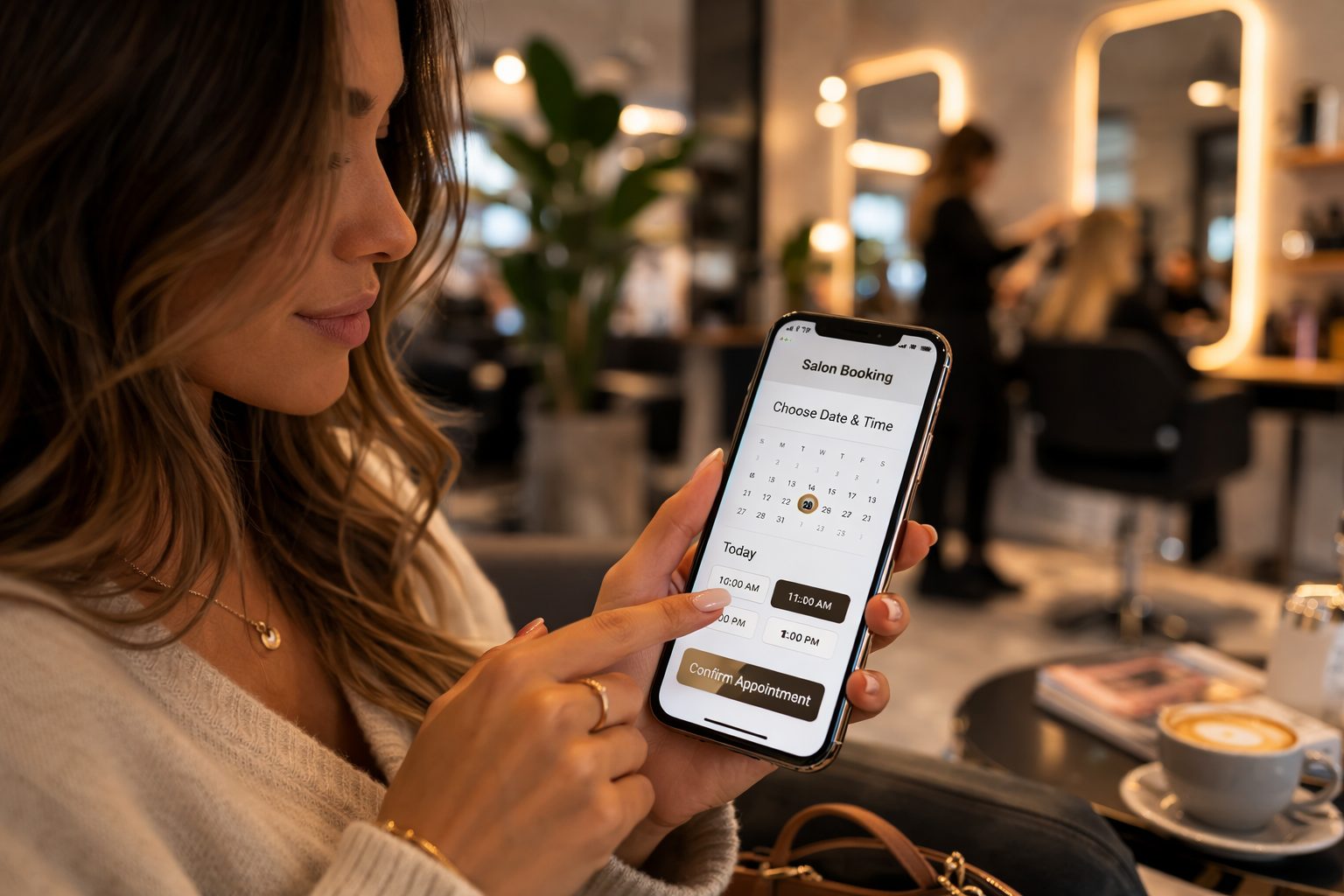 client booking beauty salon appointment online on mobile device using salon booking app