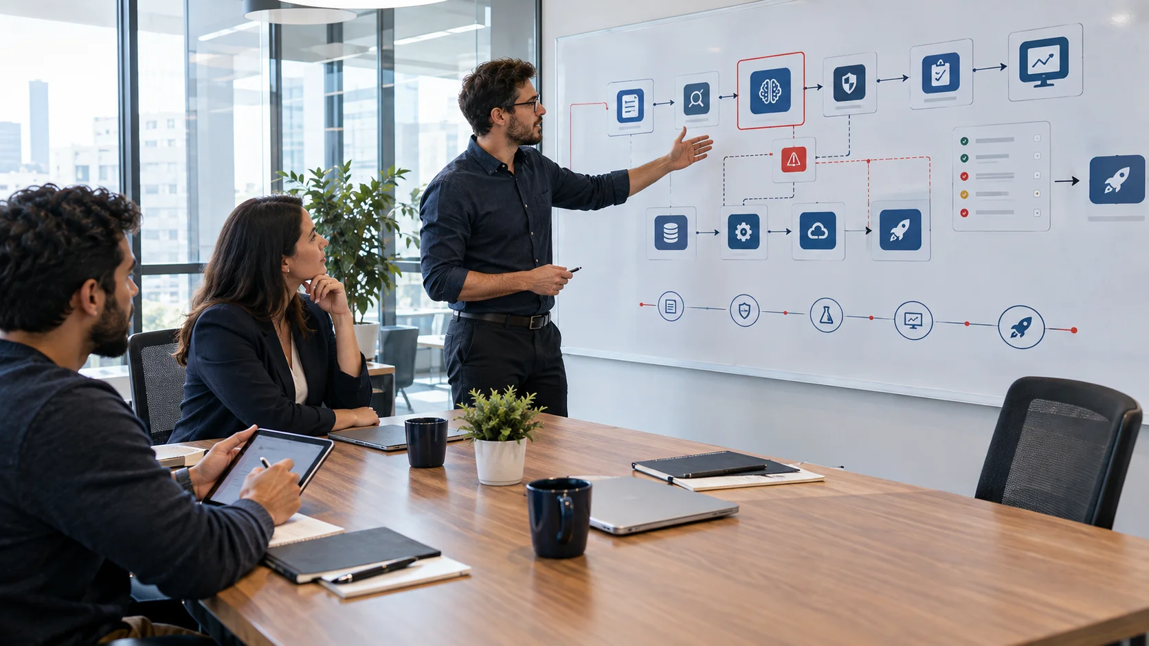 Encrypted Infoweb engineering team reviewing and improving an AI automation workflow