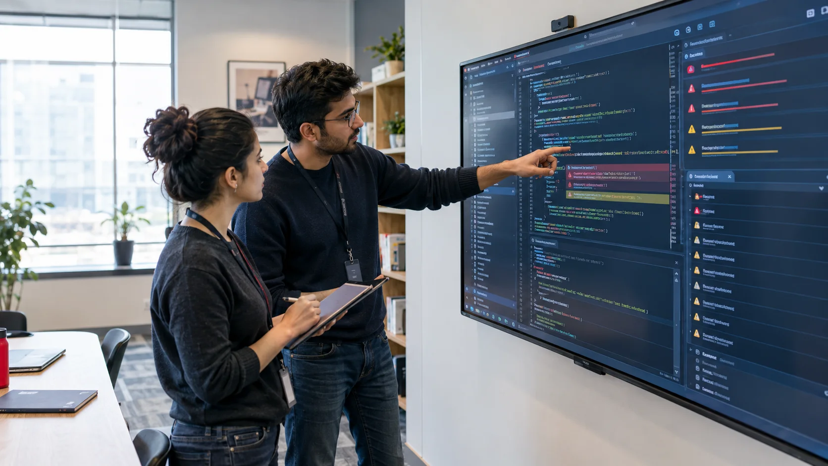 developer reviewing and securing AI-generated application source code on a laptop