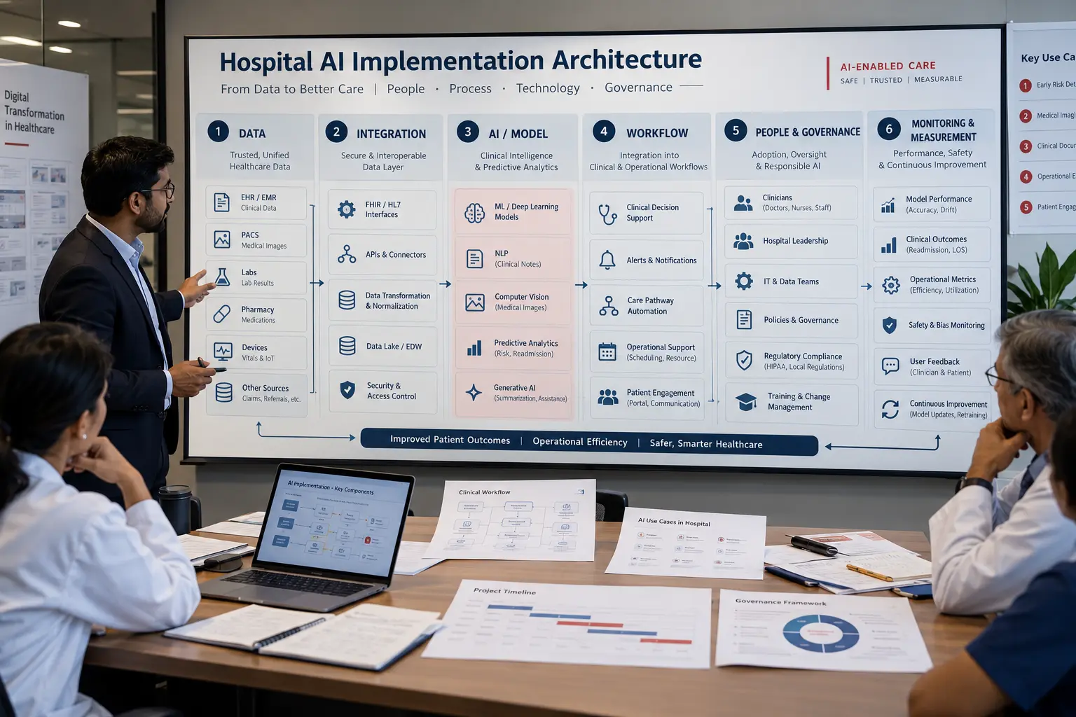 diagram of healthcare AI technology stack showing model layer integration layer data layer and monitoring layer