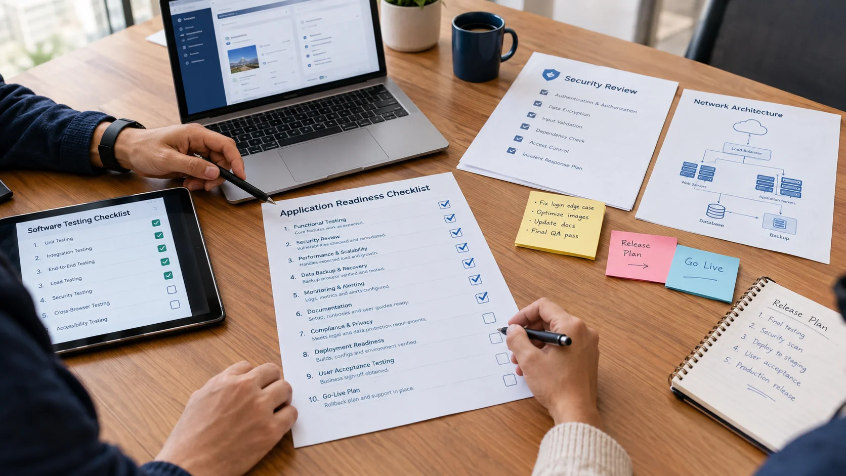 development team reviewing a production readiness checklist for an AI-built application