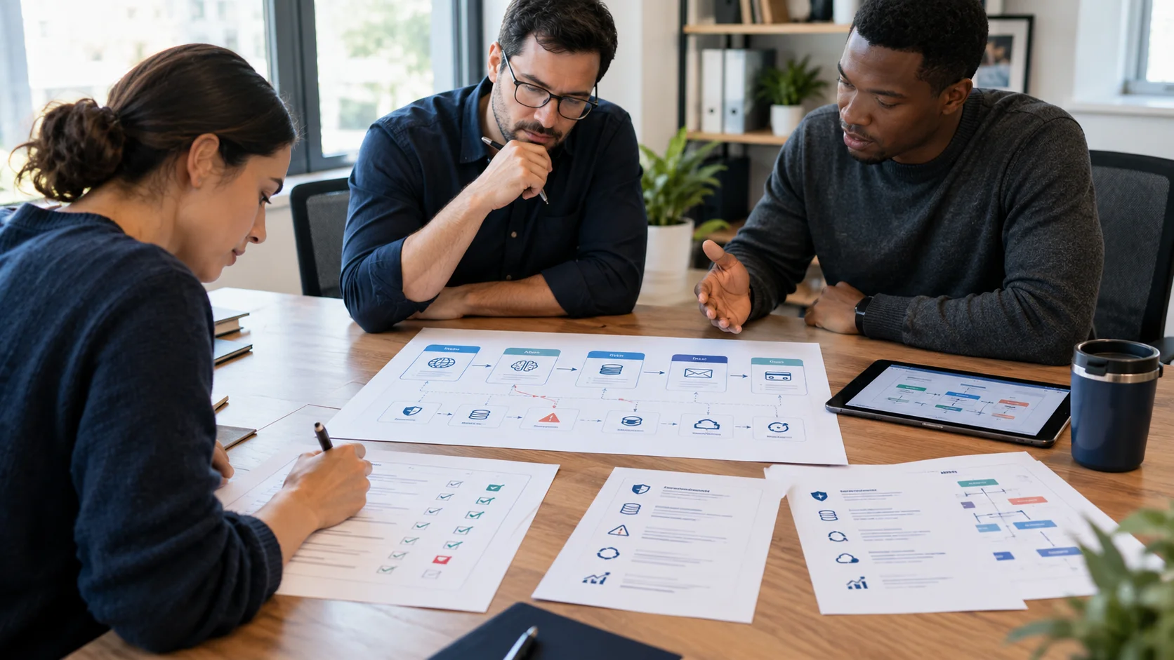 business team reviewing a production readiness checklist for an AI automation