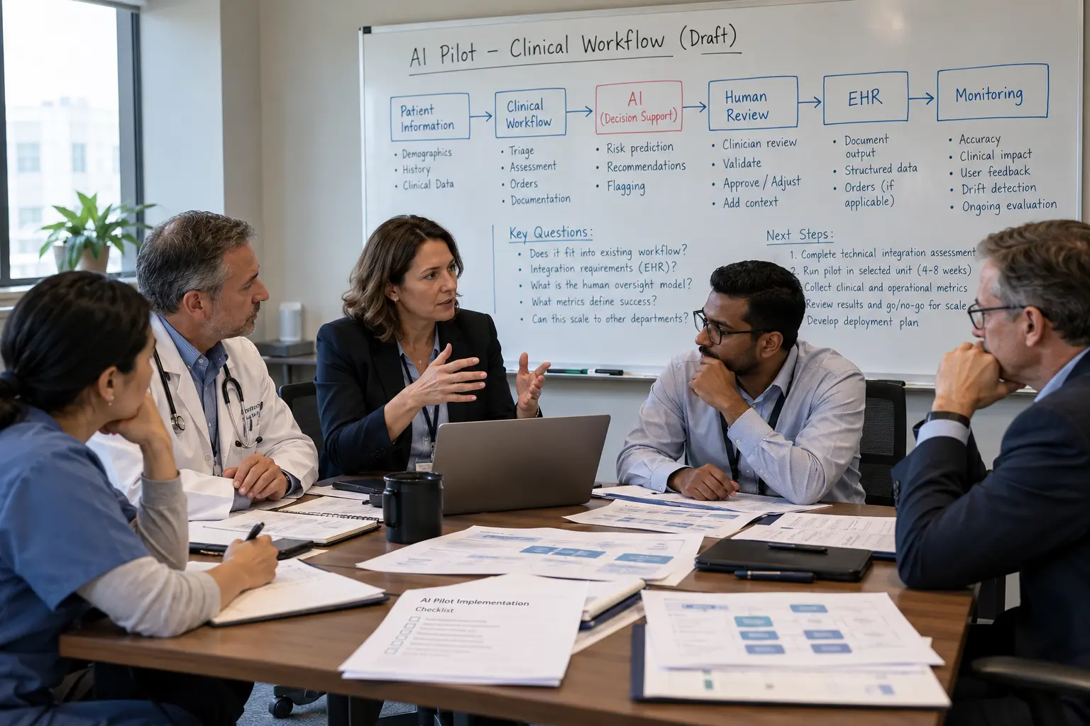 hospital IT and clinical team mapping AI integration architecture and workflow on whiteboard