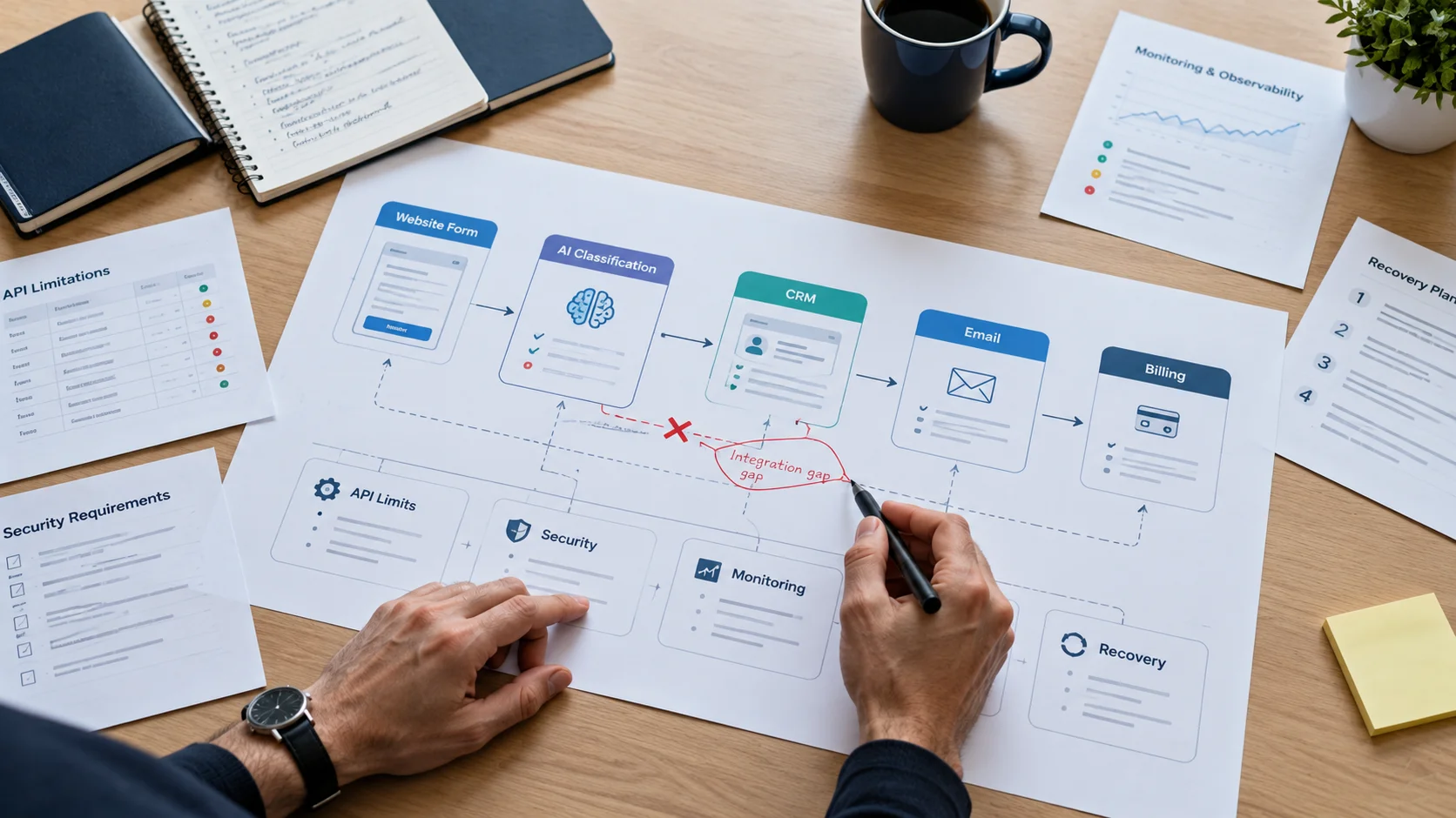 diagram of an AI automation workflow connecting forms, CRM, email and billing with validation and monitoring layers