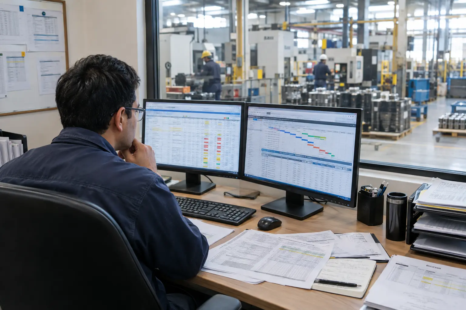 production manager reviewing manufacturing ERP dashboard on tablet on factory floor