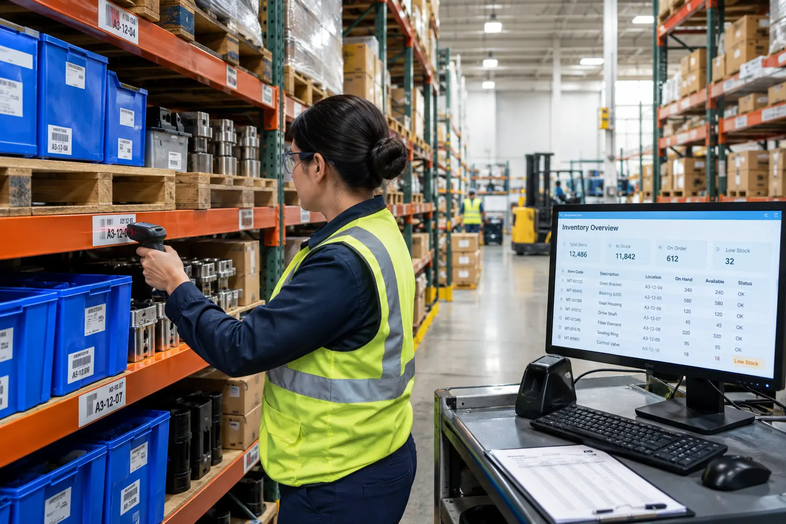 operations manager reviewing clean structured inventory data inside a manufacturing ERP dashboard